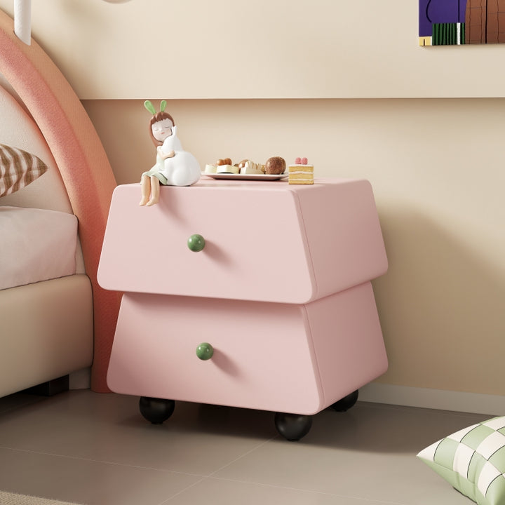 Modern Minimalist Trapezoidal Solid Wood Cat Scratching Leather Nightstand 2-Drawer For Bedroom