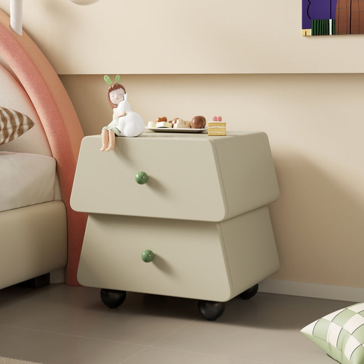 Modern Minimalist Trapezoidal Solid Wood Cat Scratching Leather Nightstand 2-Drawer For Bedroom