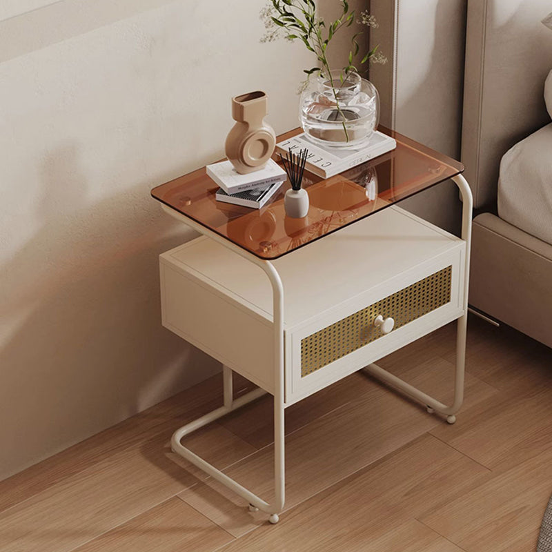 Table de chevet rectangulaire industrielle contemporaine en verre trempé et fer, 1 tiroir, pour chambre à coucher 