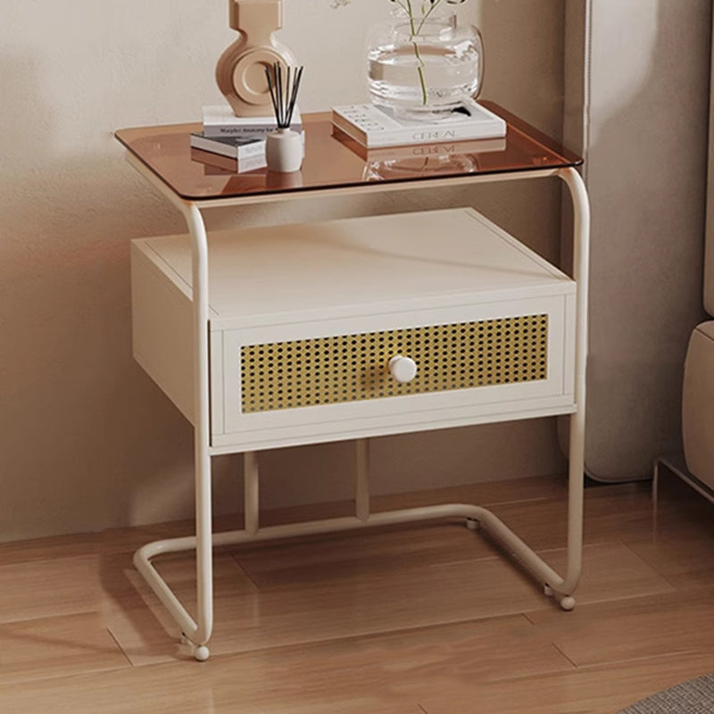 Table de chevet rectangulaire industrielle contemporaine en verre trempé et fer, 1 tiroir, pour chambre à coucher 