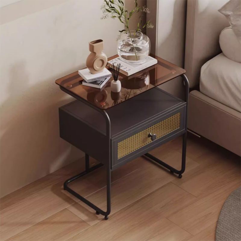 Table de chevet rectangulaire industrielle contemporaine en verre trempé et fer, 1 tiroir, pour chambre à coucher 
