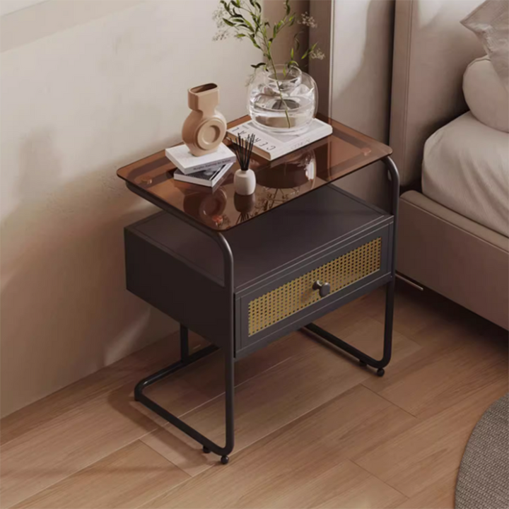 Table de chevet rectangulaire industrielle contemporaine en verre trempé et fer, 1 tiroir, pour chambre à coucher 