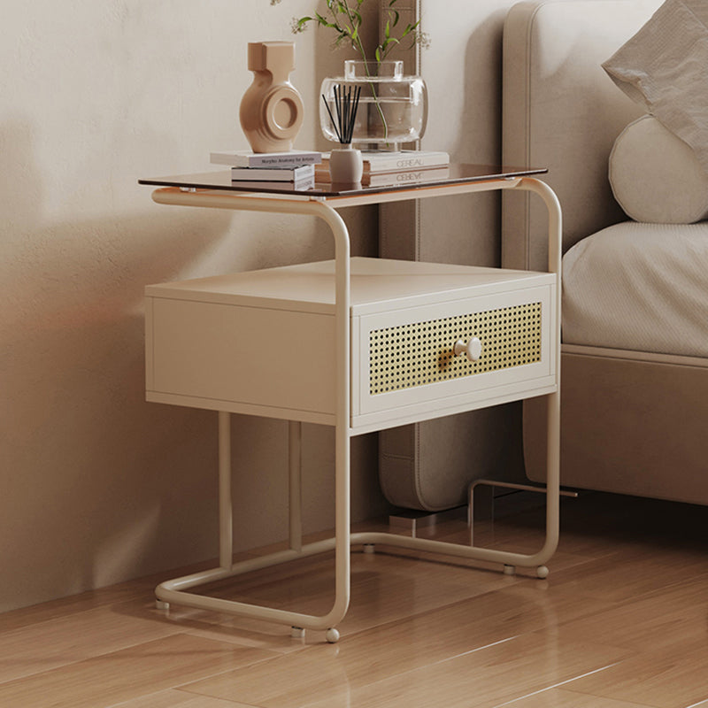 Table de chevet rectangulaire industrielle contemporaine en verre trempé et fer, 1 tiroir, pour chambre à coucher 