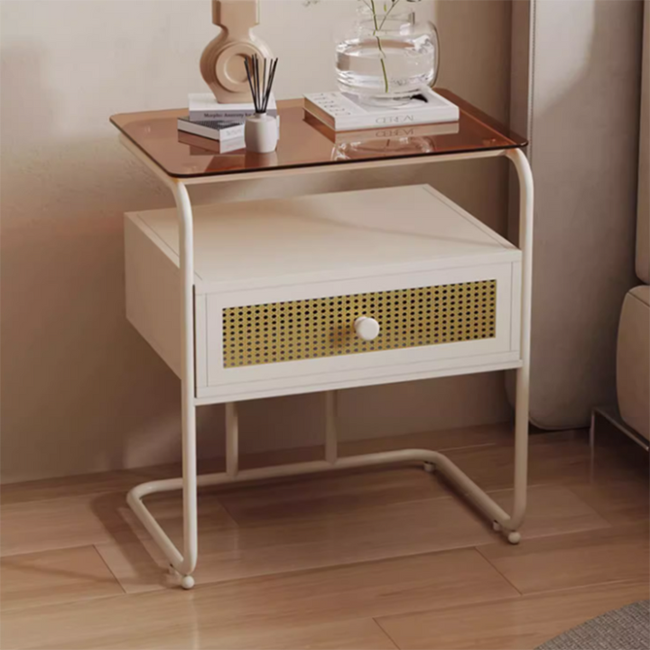 Table de chevet rectangulaire industrielle contemporaine en verre trempé et fer, 1 tiroir, pour chambre à coucher 