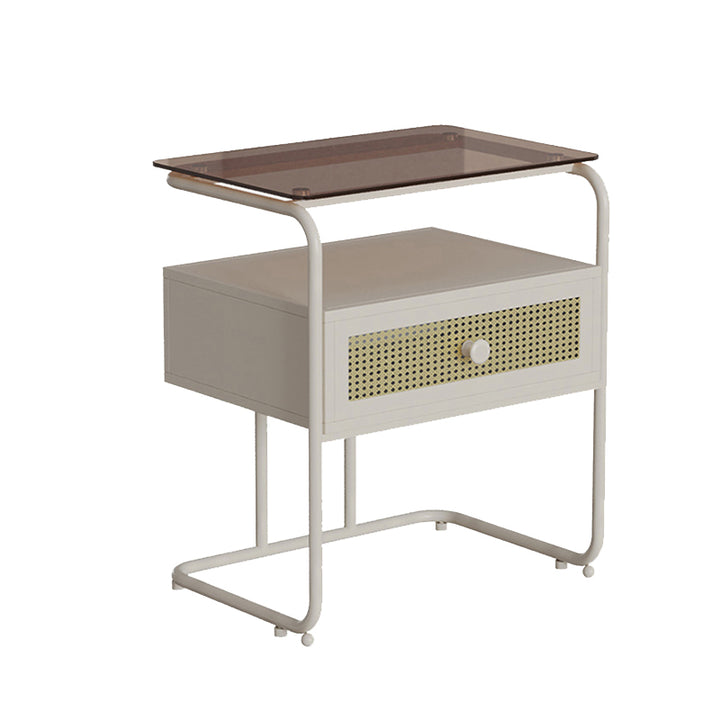 Table de chevet rectangulaire industrielle contemporaine en verre trempé et fer, 1 tiroir, pour chambre à coucher 