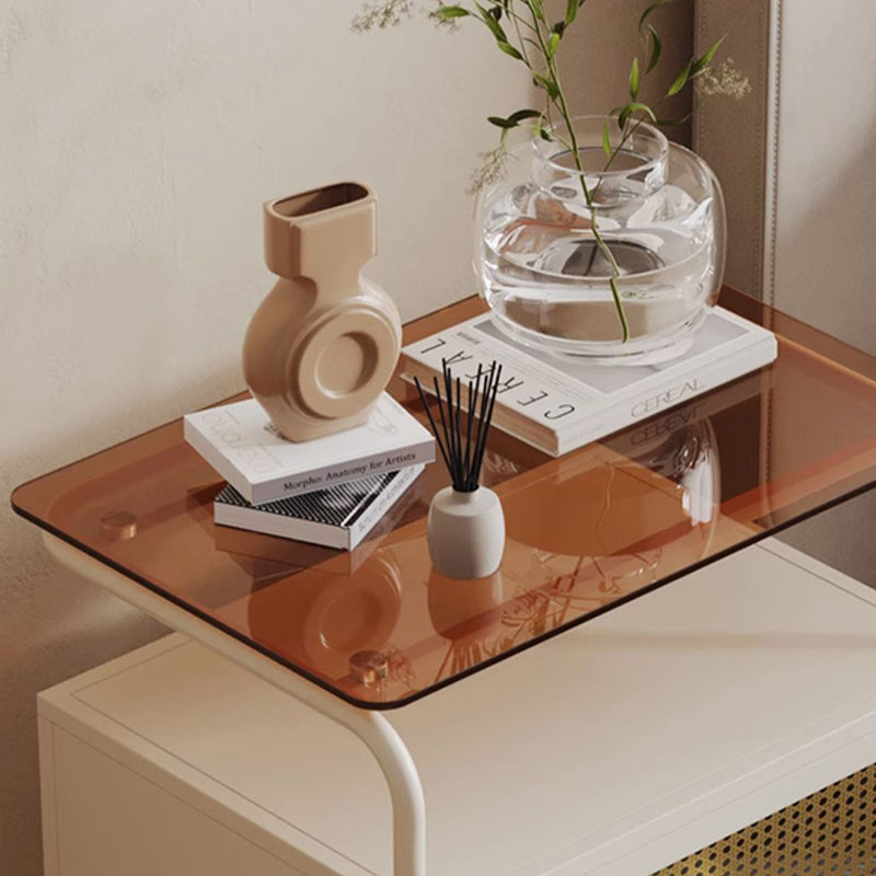 Table de chevet rectangulaire industrielle contemporaine en verre trempé et fer, 1 tiroir, pour chambre à coucher 