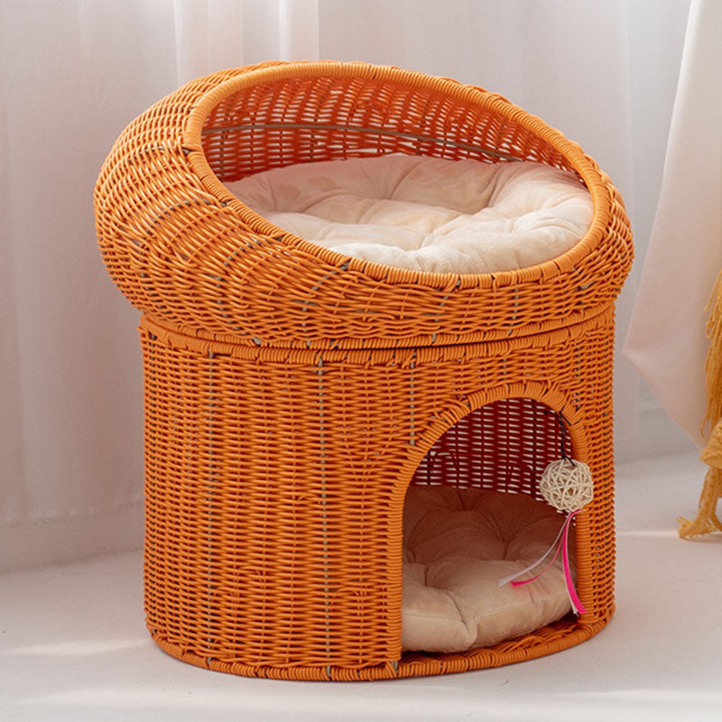Traditional Rustic Cylindrical PP Faux Rattan &amp; Genuine Rattan Weaving Iron Fleece Cat Bed 2-Tier For Living Room &amp; Bedroom