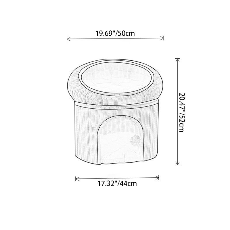 Traditional Rustic Cylindrical PP Faux Rattan &amp; Genuine Rattan Weaving Iron Fleece Cat Bed 2-Tier For Living Room &amp; Bedroom