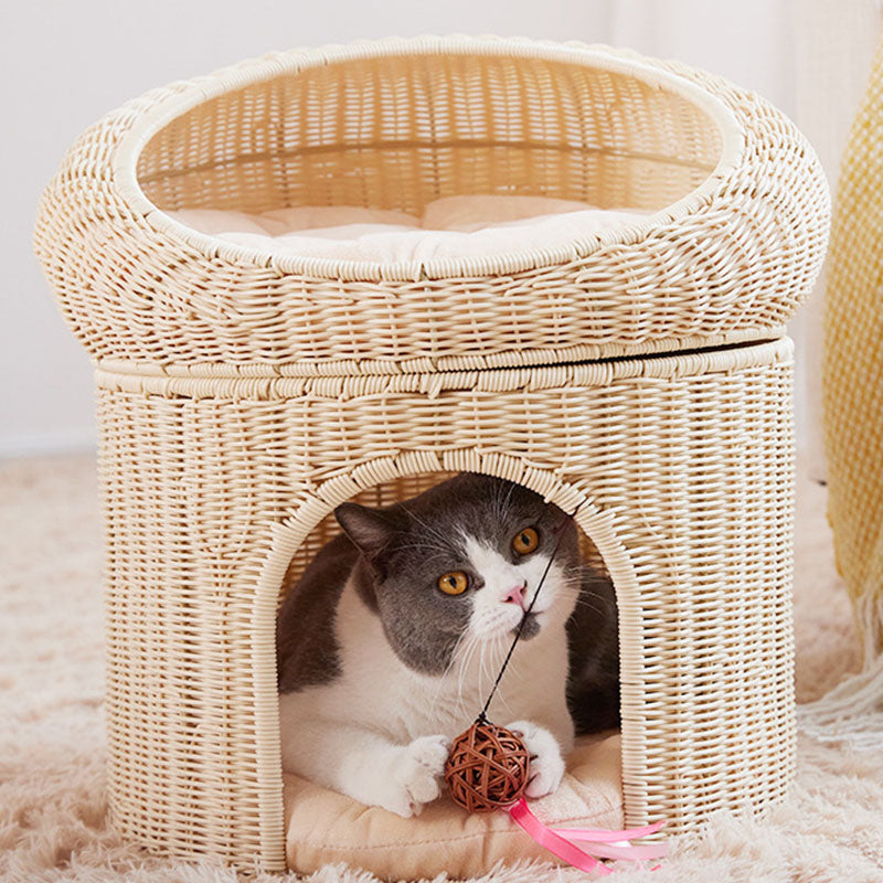 Traditional Rustic Cylindrical PP Faux Rattan &amp; Genuine Rattan Weaving Iron Fleece Cat Bed 2-Tier For Living Room &amp; Bedroom