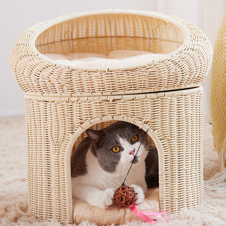Traditional Rustic Cylindrical PP Faux Rattan &amp; Genuine Rattan Weaving Iron Fleece Cat Bed 2-Tier For Living Room &amp; Bedroom