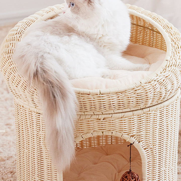 Traditional Rustic Cylindrical PP Faux Rattan &amp; Genuine Rattan Weaving Iron Fleece Cat Bed 2-Tier For Living Room &amp; Bedroom