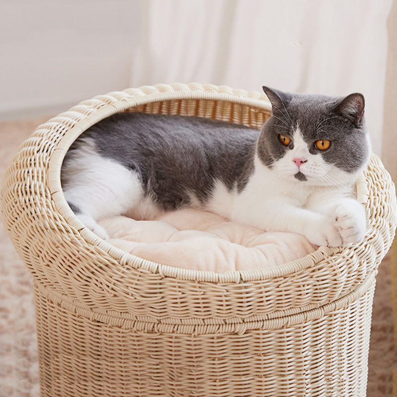Traditional Rustic Cylindrical PP Faux Rattan &amp; Genuine Rattan Weaving Iron Fleece Cat Bed 2-Tier For Living Room &amp; Bedroom