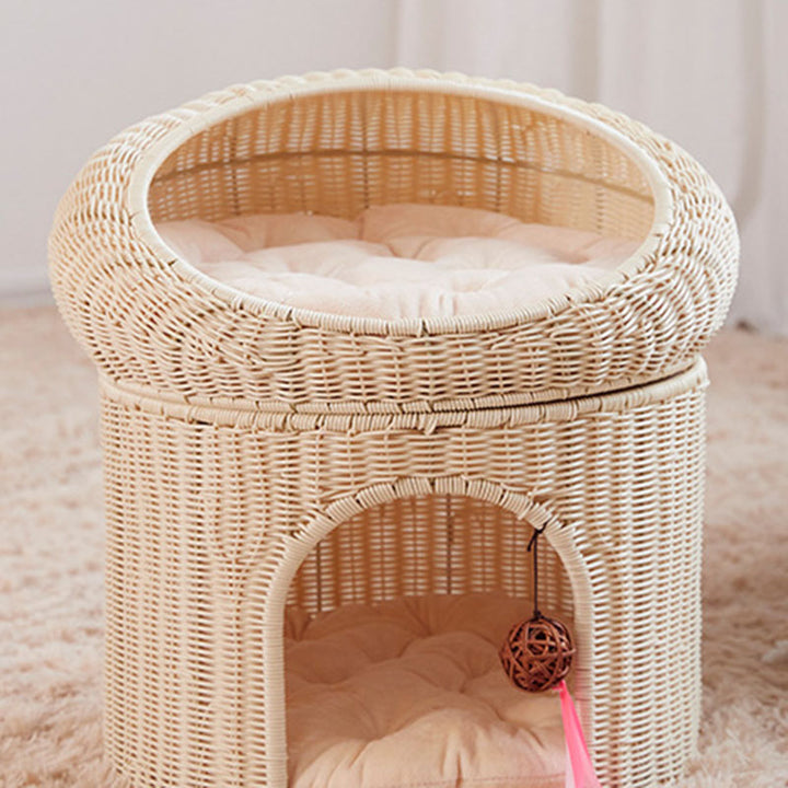 Traditional Rustic Cylindrical PP Faux Rattan &amp; Genuine Rattan Weaving Iron Fleece Cat Bed 2-Tier For Living Room &amp; Bedroom