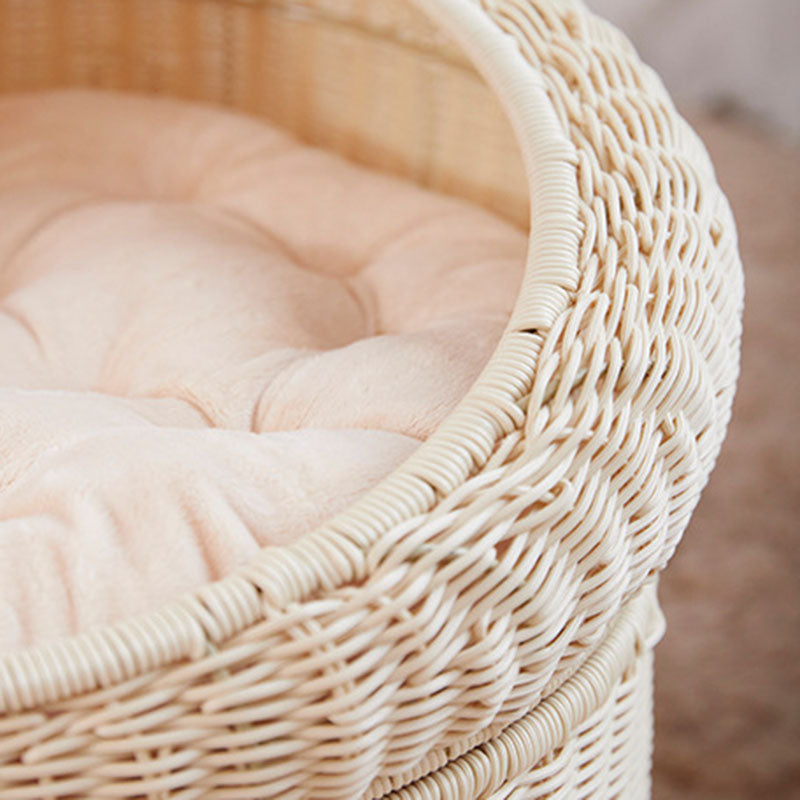 Traditional Rustic Cylindrical PP Faux Rattan &amp; Genuine Rattan Weaving Iron Fleece Cat Bed 2-Tier For Living Room &amp; Bedroom