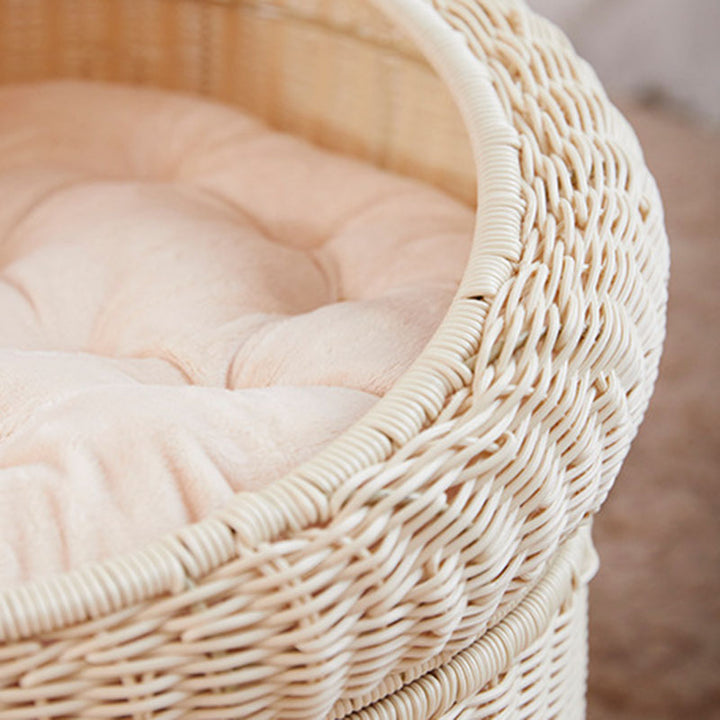 Traditional Rustic Cylindrical PP Faux Rattan &amp; Genuine Rattan Weaving Iron Fleece Cat Bed 2-Tier For Living Room &amp; Bedroom