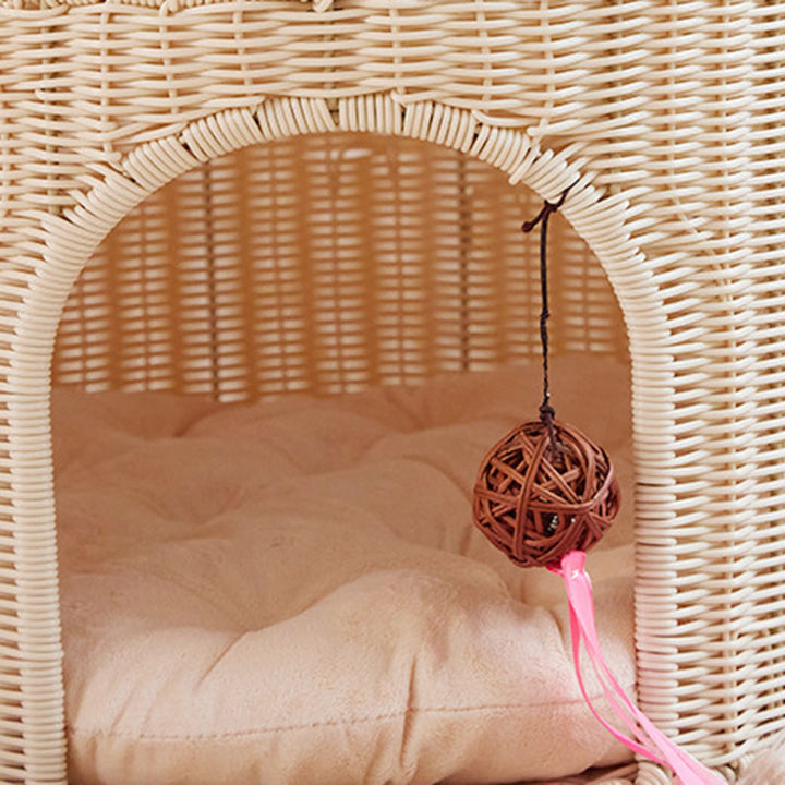 Traditional Rustic Cylindrical PP Faux Rattan &amp; Genuine Rattan Weaving Iron Fleece Cat Bed 2-Tier For Living Room &amp; Bedroom