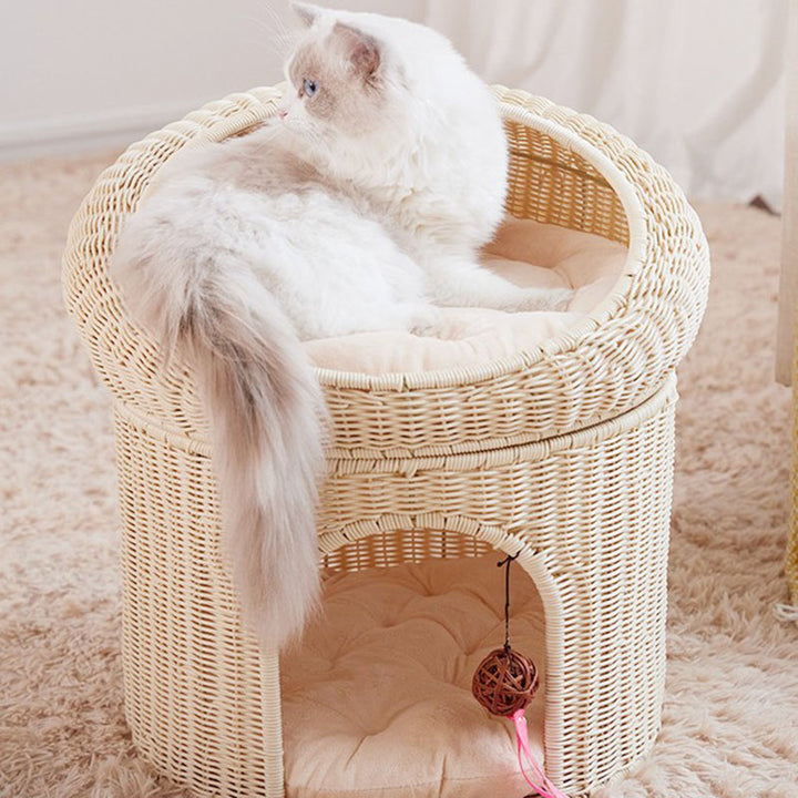 Traditional Rustic Cylindrical PP Faux Rattan &amp; Genuine Rattan Weaving Iron Fleece Cat Bed 2-Tier For Living Room &amp; Bedroom