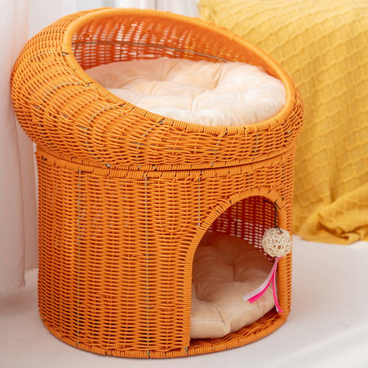 Traditional Rustic Cylindrical PP Faux Rattan &amp; Genuine Rattan Weaving Iron Fleece Cat Bed 2-Tier For Living Room &amp; Bedroom