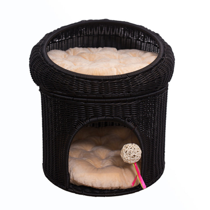 Traditional Rustic Cylindrical PP Faux Rattan &amp; Genuine Rattan Weaving Iron Fleece Cat Bed 2-Tier For Living Room &amp; Bedroom