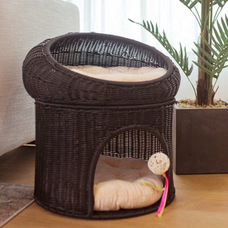 Traditional Rustic Cylindrical PP Faux Rattan &amp; Genuine Rattan Weaving Iron Fleece Cat Bed 2-Tier For Living Room &amp; Bedroom