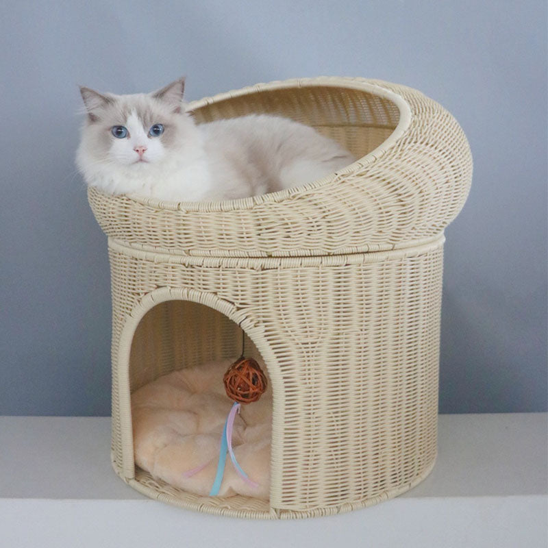 Traditional Rustic Cylindrical PP Faux Rattan &amp; Genuine Rattan Weaving Iron Fleece Cat Bed 2-Tier For Living Room &amp; Bedroom