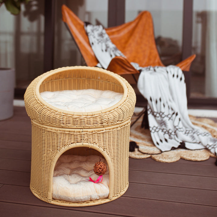 Traditional Rustic Cylindrical PP Faux Rattan &amp; Genuine Rattan Weaving Iron Fleece Cat Bed 2-Tier For Living Room &amp; Bedroom