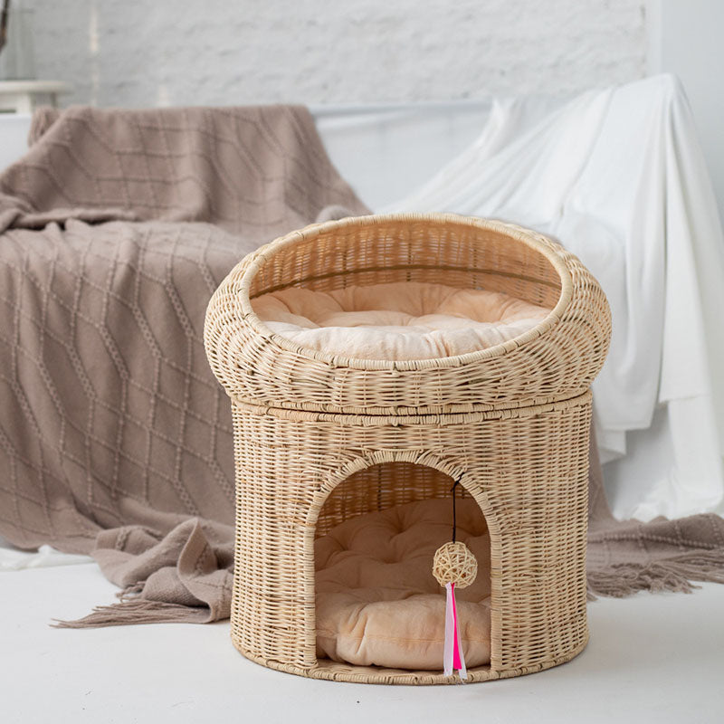 Traditional Rustic Cylindrical PP Faux Rattan &amp; Genuine Rattan Weaving Iron Fleece Cat Bed 2-Tier For Living Room &amp; Bedroom