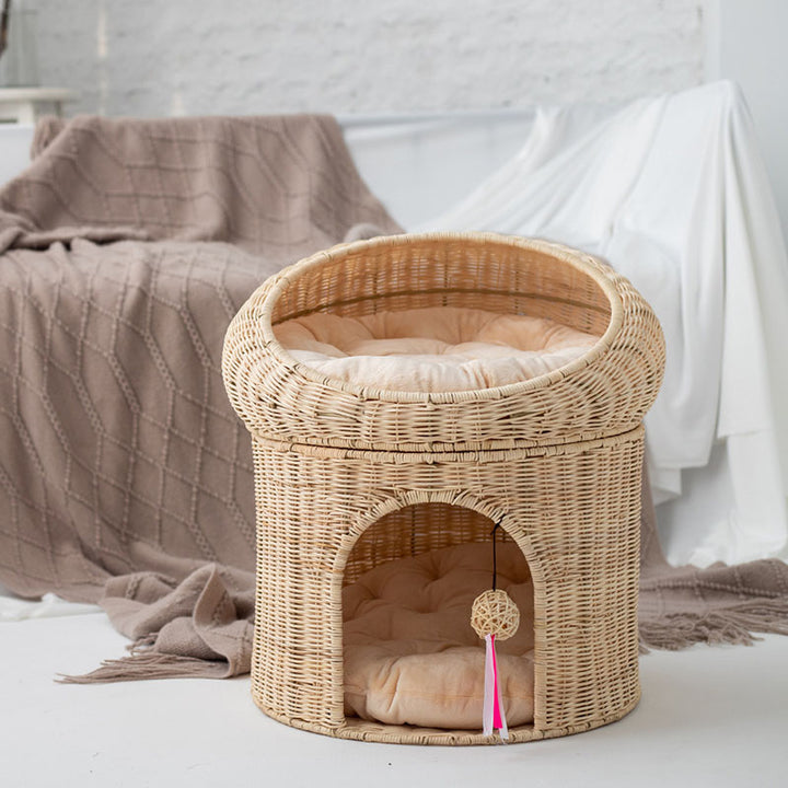 Traditional Rustic Cylindrical PP Faux Rattan &amp; Genuine Rattan Weaving Iron Fleece Cat Bed 2-Tier For Living Room &amp; Bedroom