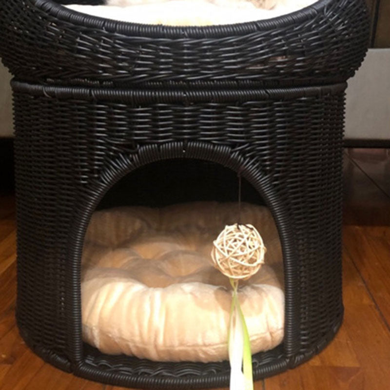 Traditional Rustic Cylindrical PP Faux Rattan &amp; Genuine Rattan Weaving Iron Fleece Cat Bed 2-Tier For Living Room &amp; Bedroom