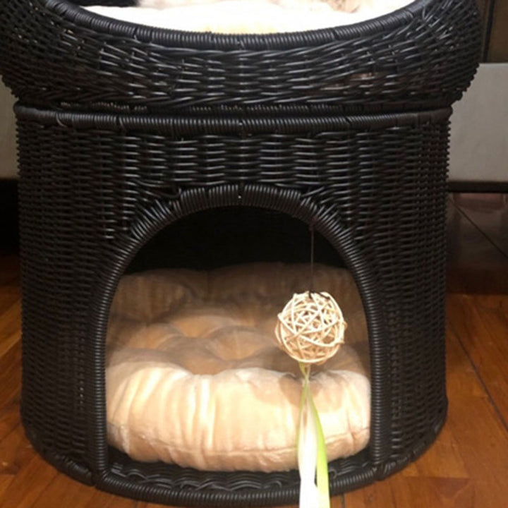 Traditional Rustic Cylindrical PP Faux Rattan &amp; Genuine Rattan Weaving Iron Fleece Cat Bed 2-Tier For Living Room &amp; Bedroom