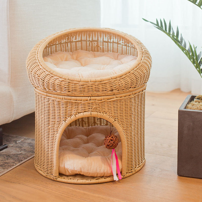 Traditional Rustic Cylindrical PP Faux Rattan &amp; Genuine Rattan Weaving Iron Fleece Cat Bed 2-Tier For Living Room &amp; Bedroom