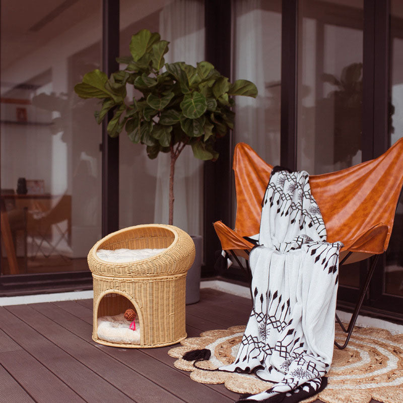 Traditional Rustic Cylindrical PP Faux Rattan &amp; Genuine Rattan Weaving Iron Fleece Cat Bed 2-Tier For Living Room &amp; Bedroom
