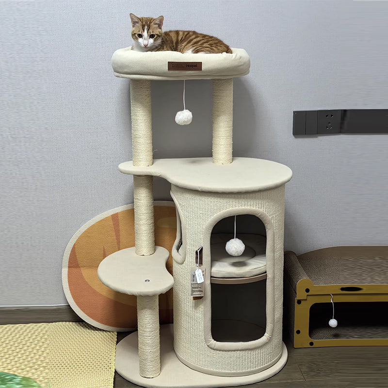 Arbre à chat contemporain de style bohème en sisal naturel, contreplaqué, tissu coton-lin, coton PP, 5 niveaux, pour salon et balcon 