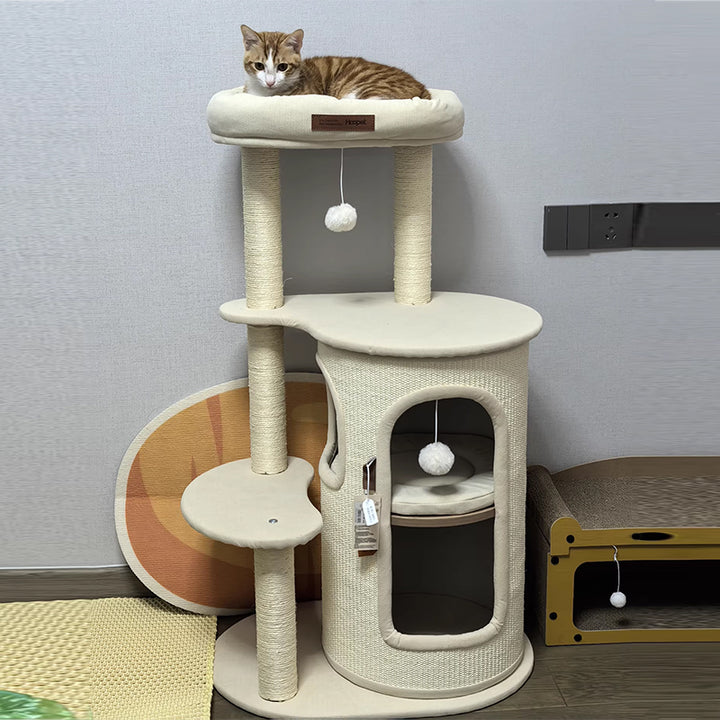 Arbre à chat contemporain de style bohème en sisal naturel, contreplaqué, tissu coton-lin, coton PP, 5 niveaux, pour salon et balcon 