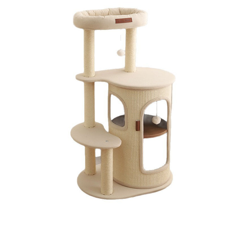 Arbre à chat contemporain de style bohème en sisal naturel, contreplaqué, tissu coton-lin, coton PP, 5 niveaux, pour salon et balcon 
