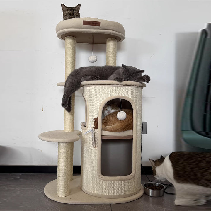 Arbre à chat contemporain de style bohème en sisal naturel, contreplaqué, tissu coton-lin, coton PP, 5 niveaux, pour salon et balcon 