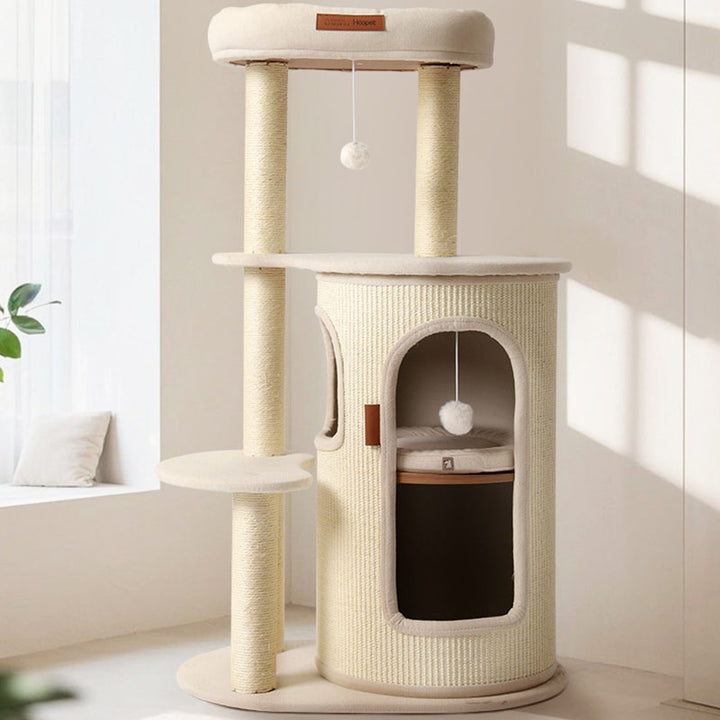 Contemporary Boho Tree-Shaped Natural Sisal Plywood Cotton-Linen Fabric PP Cotton Cat Tower 5-Tier For Living Room & Balcony