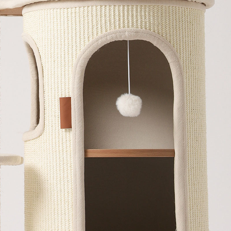Arbre à chat contemporain de style bohème en sisal naturel, contreplaqué, tissu coton-lin, coton PP, 5 niveaux, pour salon et balcon 