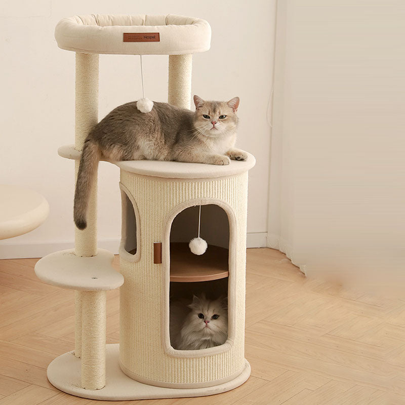 Arbre à chat contemporain de style bohème en sisal naturel, contreplaqué, tissu coton-lin, coton PP, 5 niveaux, pour salon et balcon 