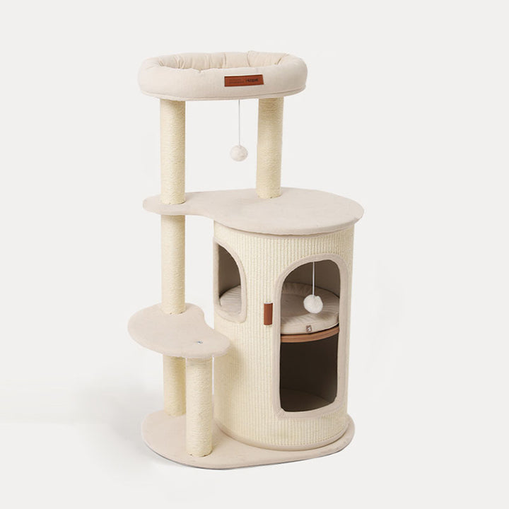 Arbre à chat contemporain de style bohème en sisal naturel, contreplaqué, tissu coton-lin, coton PP, 5 niveaux, pour salon et balcon 