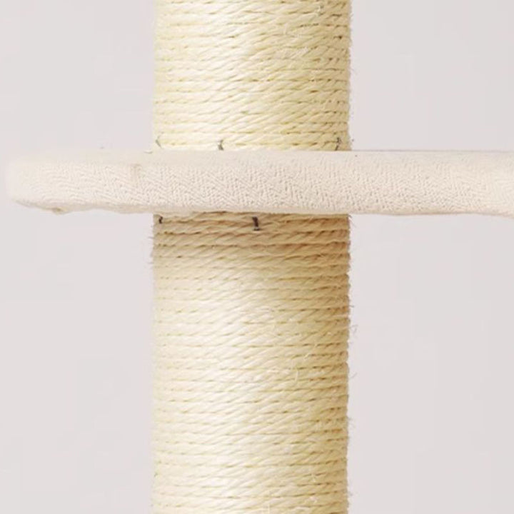 Arbre à chat contemporain de style bohème en sisal naturel, contreplaqué, tissu coton-lin, coton PP, 5 niveaux, pour salon et balcon 