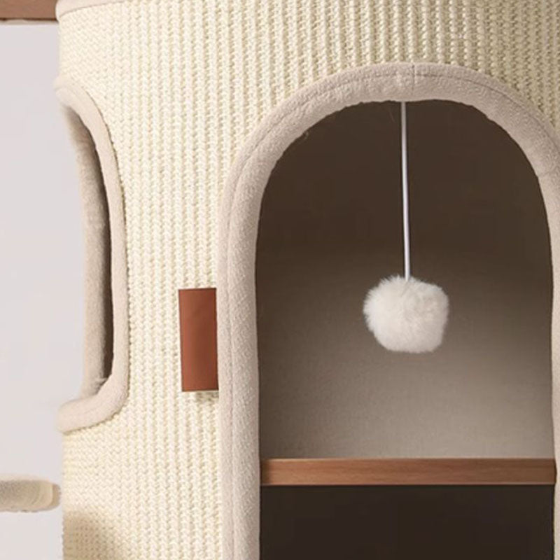 Arbre à chat contemporain de style bohème en sisal naturel, contreplaqué, tissu coton-lin, coton PP, 5 niveaux, pour salon et balcon 