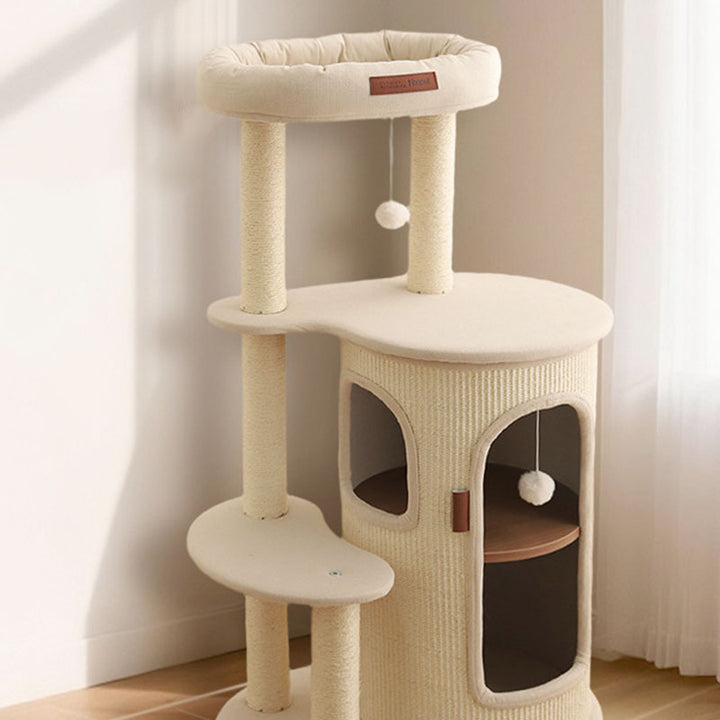 Arbre à chat contemporain de style bohème en sisal naturel, contreplaqué, tissu coton-lin, coton PP, 5 niveaux, pour salon et balcon 