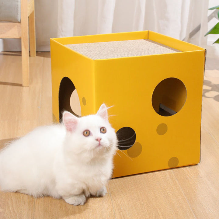 Boîte à fromage carrée minimaliste moderne en papier ondulé, lit pour chat à 1 ouverture pour salon 