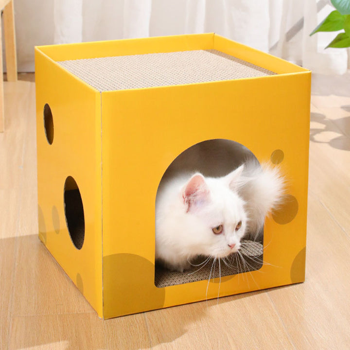 Boîte à fromage carrée minimaliste moderne en papier ondulé, lit pour chat à 1 ouverture pour salon 