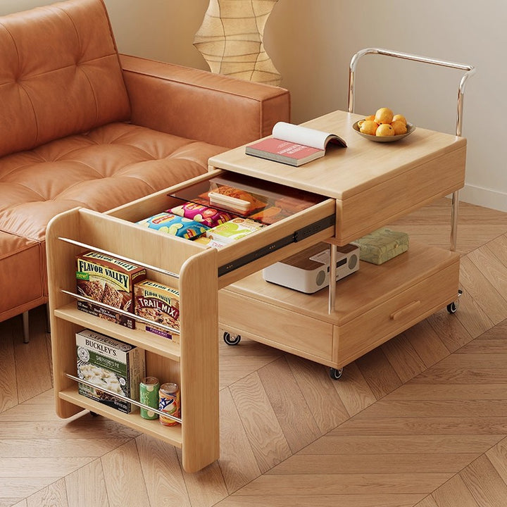 Moderner minimalistischer rechteckiger Massivholz-Ökoboard-Glas-Edelstahl-Beweglicher ausziehbarer Beistelltisch mit 1 Schublade für das Wohnzimmer 