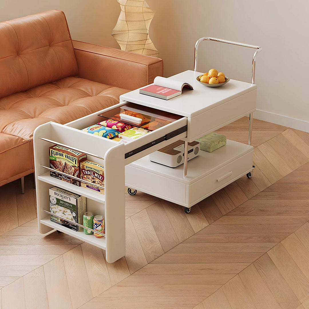 Moderner minimalistischer rechteckiger Massivholz-Ökoboard-Glas-Edelstahl-Beweglicher ausziehbarer Beistelltisch mit 1 Schublade für das Wohnzimmer 