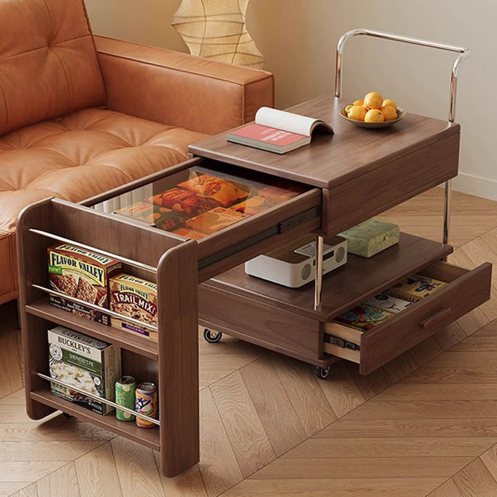 Moderner minimalistischer rechteckiger Massivholz-Ökoboard-Glas-Edelstahl-Beweglicher ausziehbarer Beistelltisch mit 1 Schublade für das Wohnzimmer 