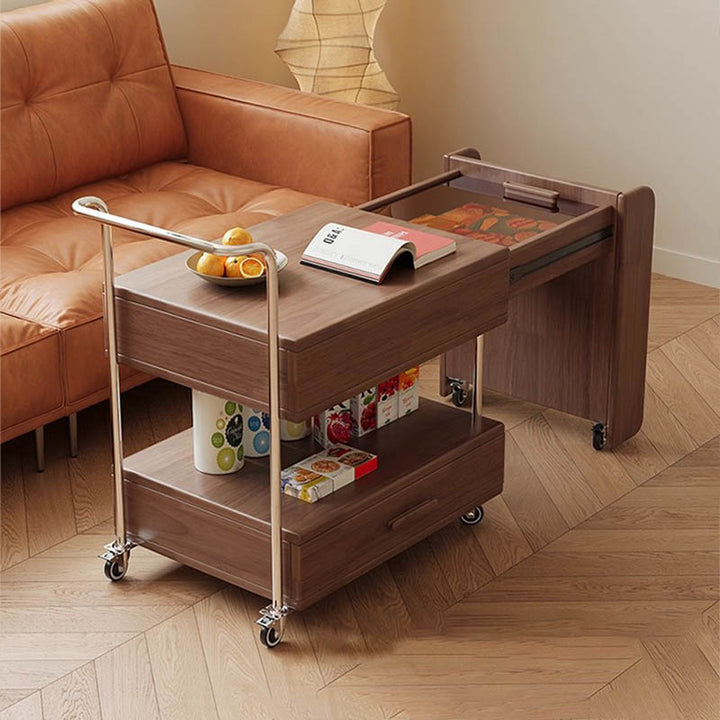 Moderner minimalistischer rechteckiger Massivholz-Ökoboard-Glas-Edelstahl-Beweglicher ausziehbarer Beistelltisch mit 1 Schublade für das Wohnzimmer 