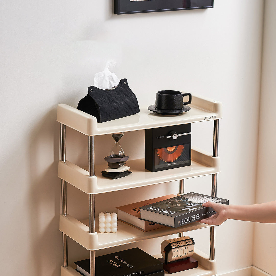 Étagère de rangement rectangulaire contemporaine en plastique PP et acier inoxydable, multicouche, à 2/3/4/5 niveaux, pour salon 